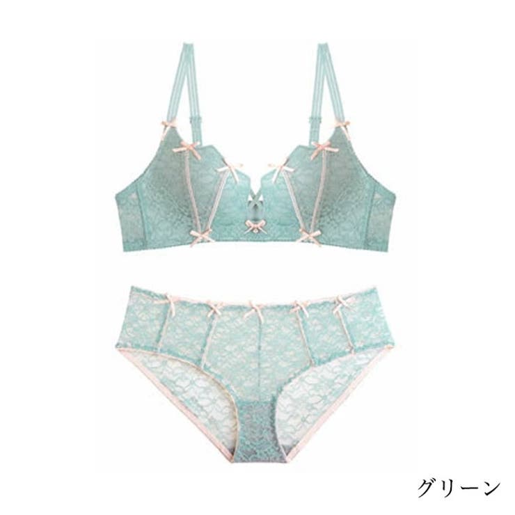 グリーン | リボンノンワイヤー ブラショーツ セット | Gain-Mart
