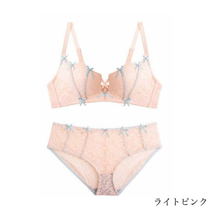 ライトピンク | リボンノンワイヤー ブラショーツ セット | Gain-Mart