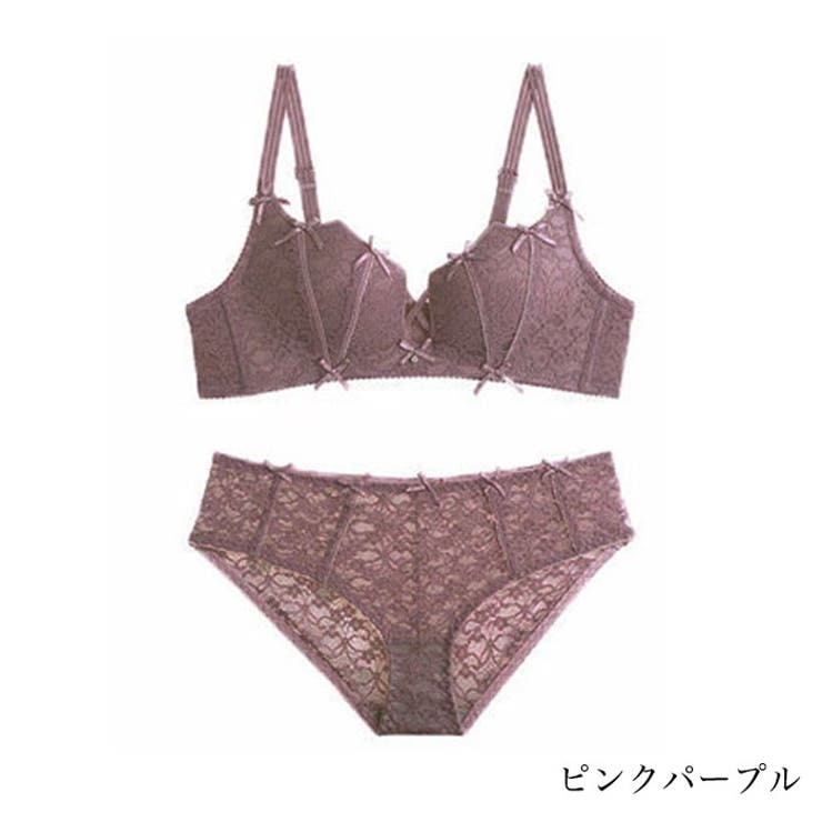 ピンクパープル | リボンノンワイヤー ブラショーツ セット | Gain-Mart