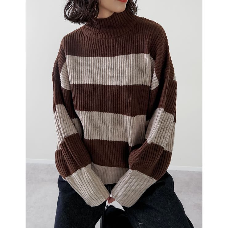 選べるクルーネックorボトルネック畦編みニットトップス[品番