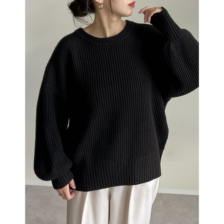 選べるクルーネックorボトルネック畦編みニットトップス[品番