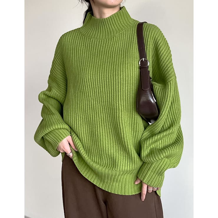 選べるクルーネックorボトルネック畦編みニットトップス[品番