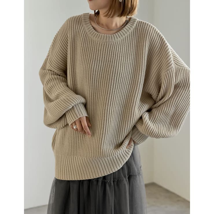 選べるクルーネックorボトルネック畦編みニットトップス[品番