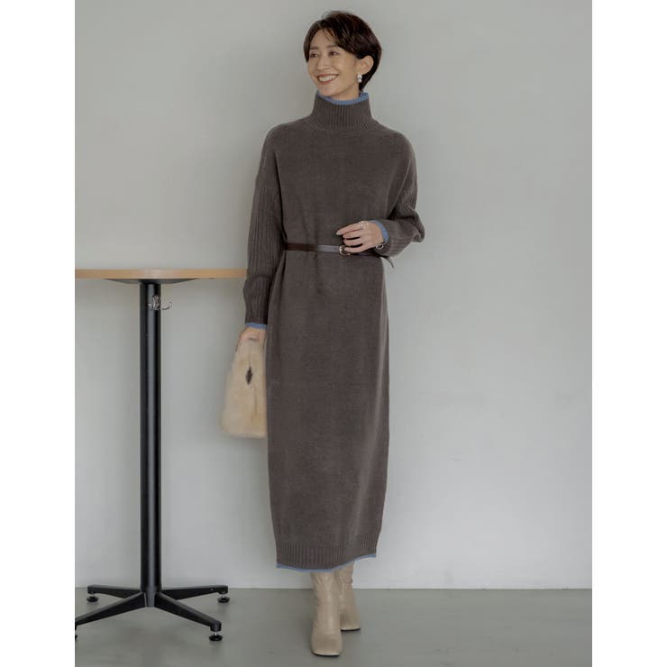 チャコール×ブルー(973) | 前後2WAYハイネック指穴マキシニットワンピース | Re:EDIT