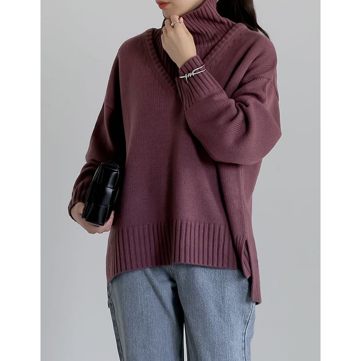 モカパープル(020) | [2点セット]Vネックニットプルオーバー×タートルネックベストSET | Re:EDIT