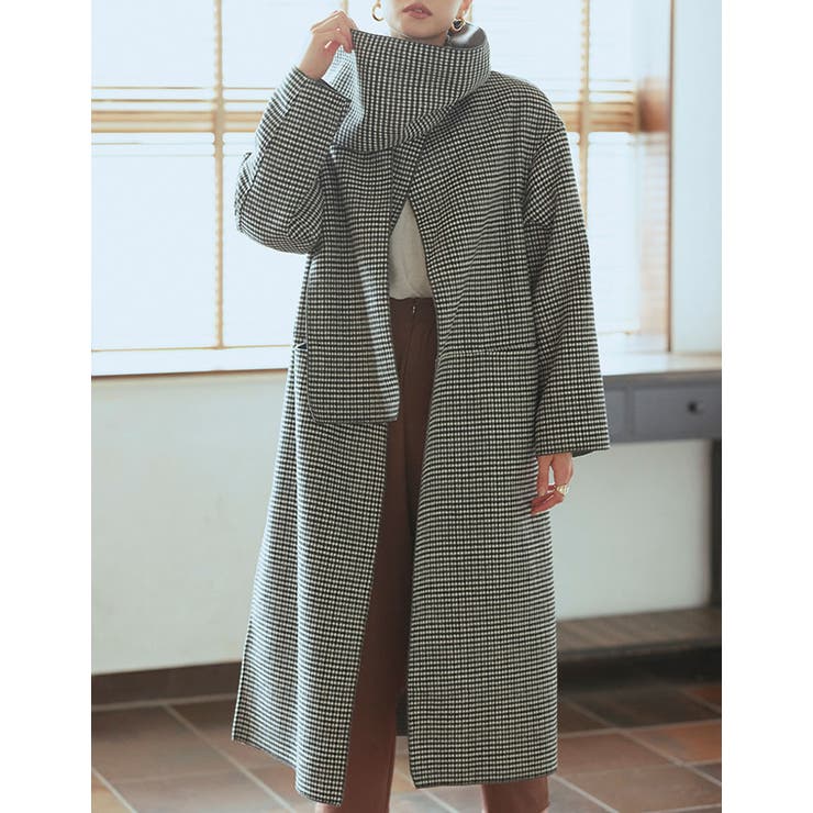 マフラー付きダブルフェイススタンドカラーチェック柄ガウンコート