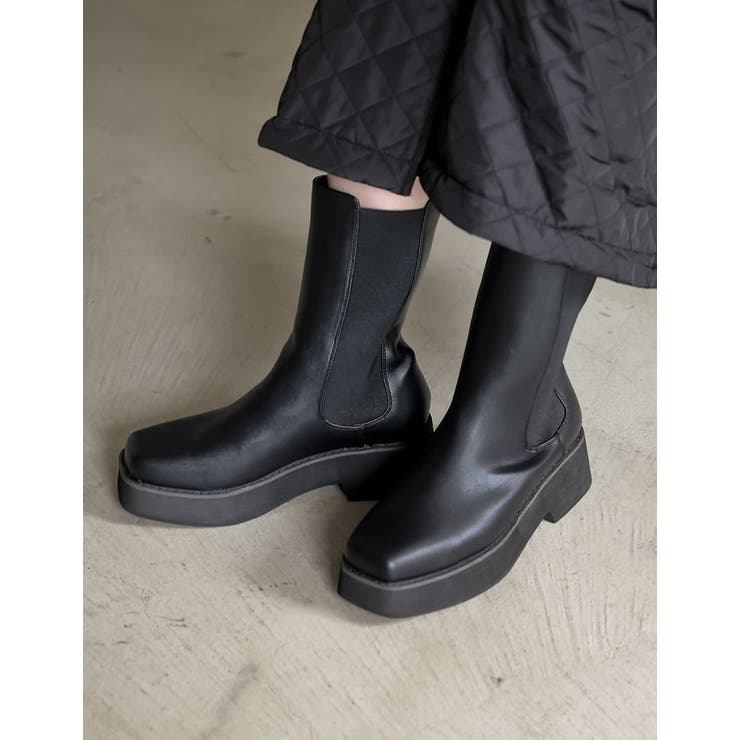 ブラック(001) | 厚底がトレンドライクなサイドゴアブーツ スクエアトゥサイドゴアブーツ シューズ | Re:EDIT