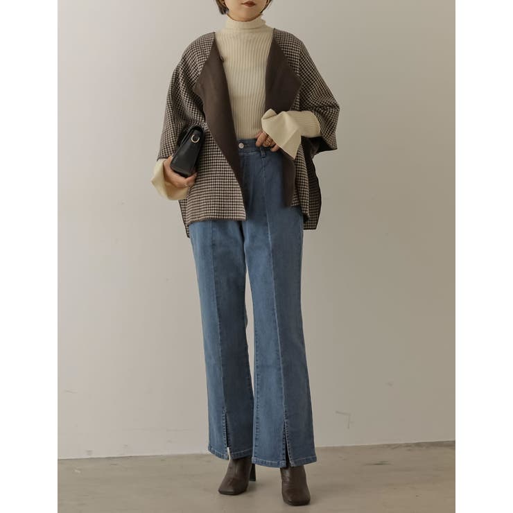 インナー合わせが魅力的なポンチョアウター ダブルフェイスチェックポンチョコート | Re:EDIT | 詳細画像13 