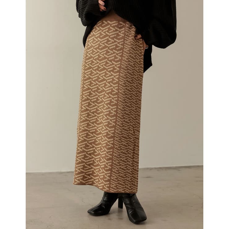 ブラウン×ベージュ(009) | モードかつ洗練された雰囲気のニットスカート [低身長サイズ有]グラフィックジャガ… | Re:EDIT