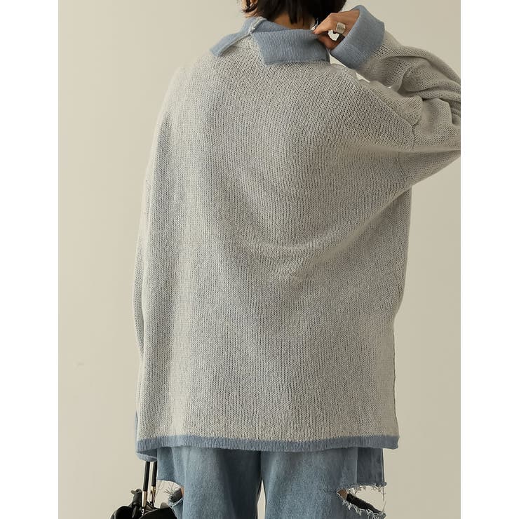 コーデの主役になるふんわりバイカラーニット 起毛モヘアタッチ配色