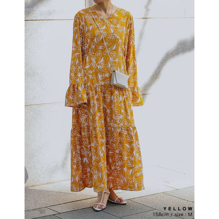 イエロー フレアスリーブ ワンピース M イエロー フレアスリーブ ワンピース M（オーガニックコットン