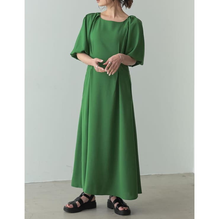 グリーン(017) | [低身長/高身長サイズ有]ポーラボリュームスリーブフレアマキシワンピース | Re:EDIT