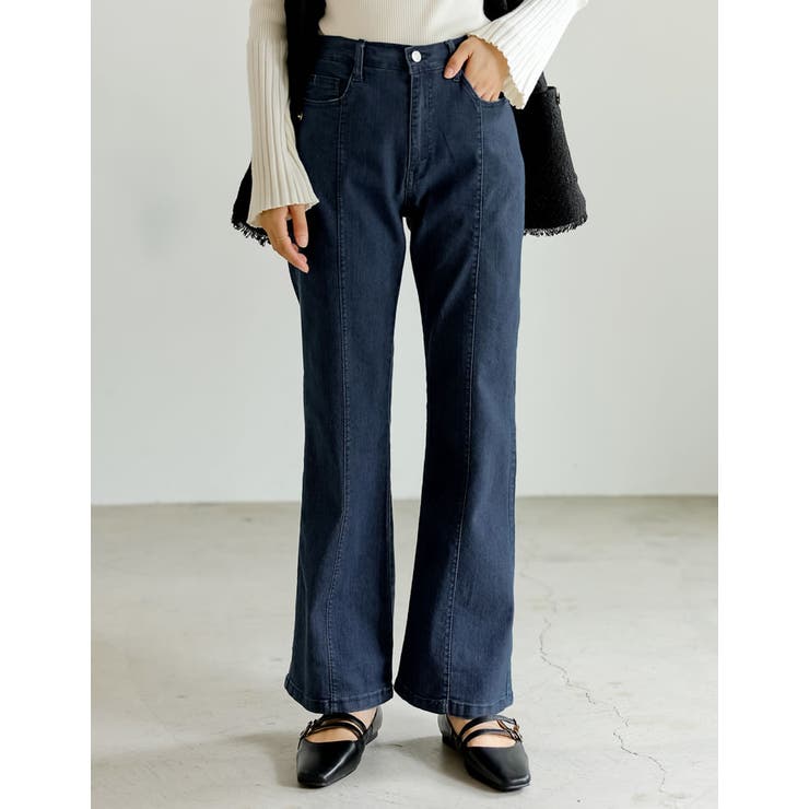 Louere ストレッチフレアデニムパンツ Sサイズ 低身長/高身長/大きいサイズ有]センターシームストレッチデニム