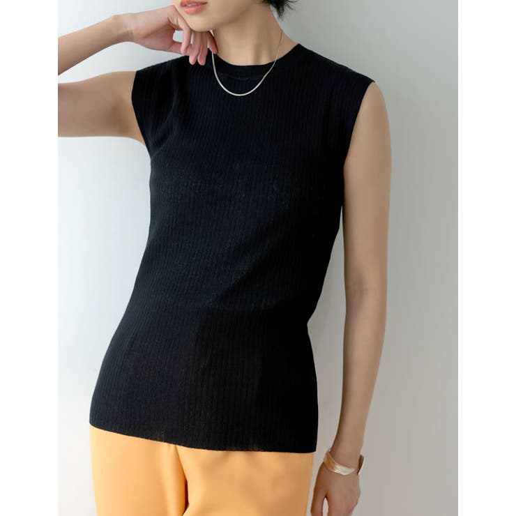 ブラック(001) | リネンタッチノースリーブリブニットトップス | Re:EDIT