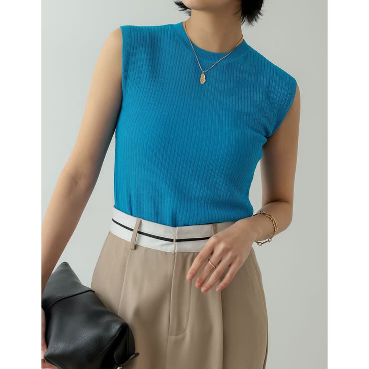 ブルー(013) | リネンタッチノースリーブリブニットトップス | Re:EDIT