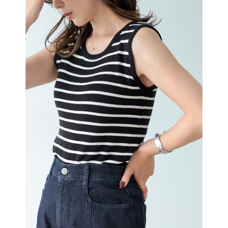 ブラック(001) | カジュアルな要素を程よく取り入れる サマーニットボーダータンクトップ トップス | Re:EDIT