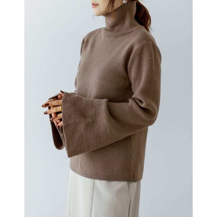 アルパカタッチフレアスリーブタートルネックニットトップス[品番