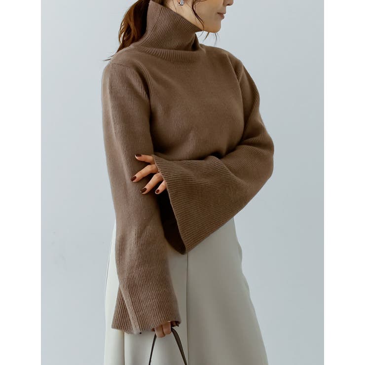 アルパカタッチフレアスリーブタートルネックニットトップス[品番