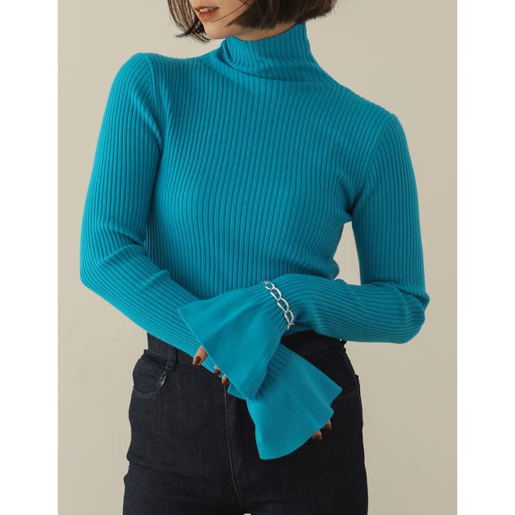 tgor トゴール　フレアスリーブリブニット　マリンブルー フレア袖が洗練された着こなしに リブフレアスリーブプルオーバー