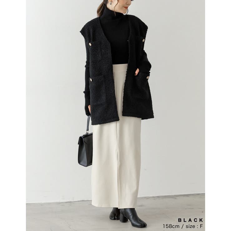 オーバーサイズループツイードノーカラーボアベスト[品番