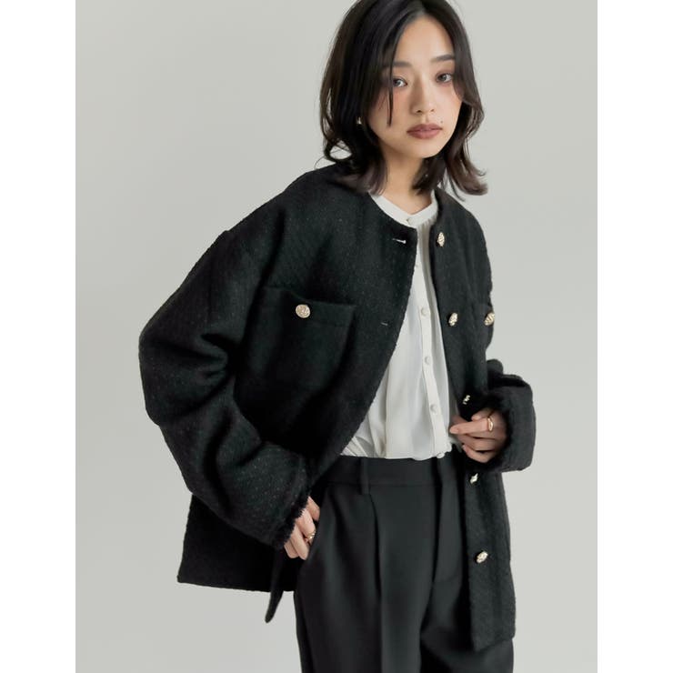 累計販売枚数6,500枚突破！]ツイードフリンジノーカラー