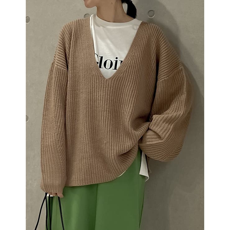 畦編み深Vネックニットトップス[品番：GS000020811]｜Re:EDIT