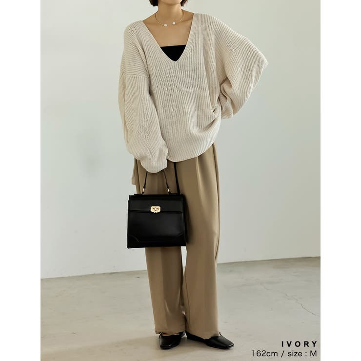 ニットVネックトップス／ワイドレッグパンツ セット r-3867 ニットVネックトップス／ワイドレッグパンツ セット r-3867