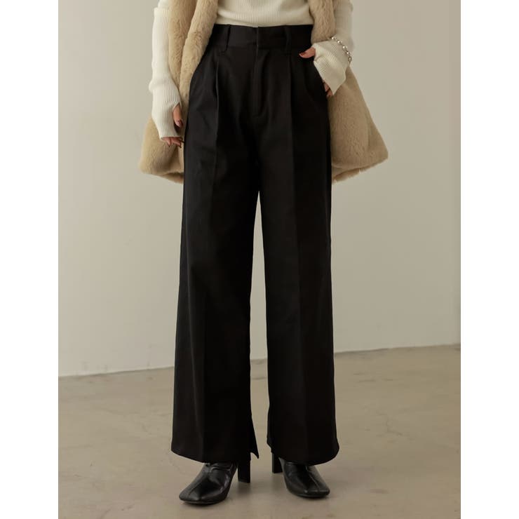 ブラック(001) | シーズンムード高まる起毛美脚スラックス 起毛タックストレートスラックス パンツ | Re:EDIT