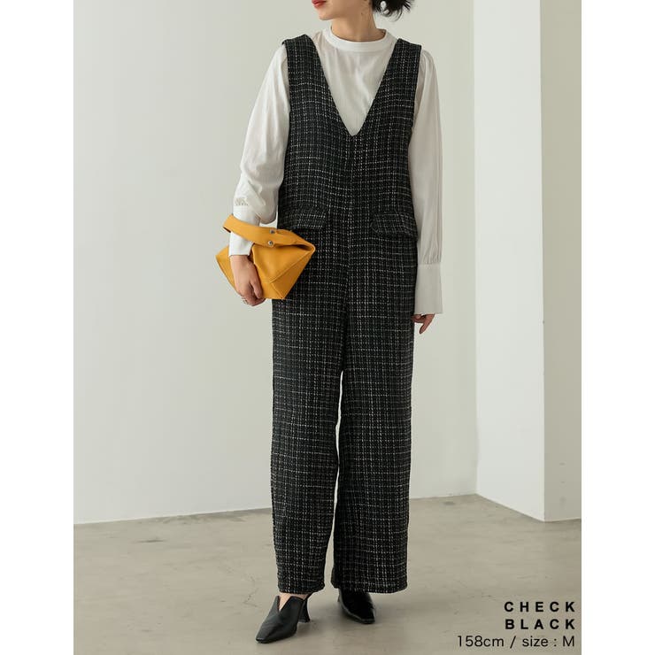 低身長/高身長サイズ有]ツイードライクVネックオールインワン[品番