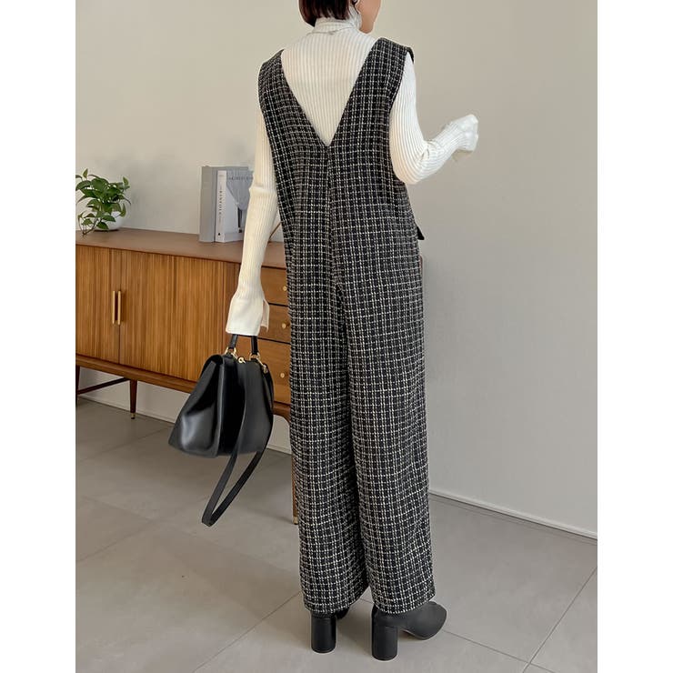 低身長/高身長サイズ有]ツイードライクVネックオールインワン[品番