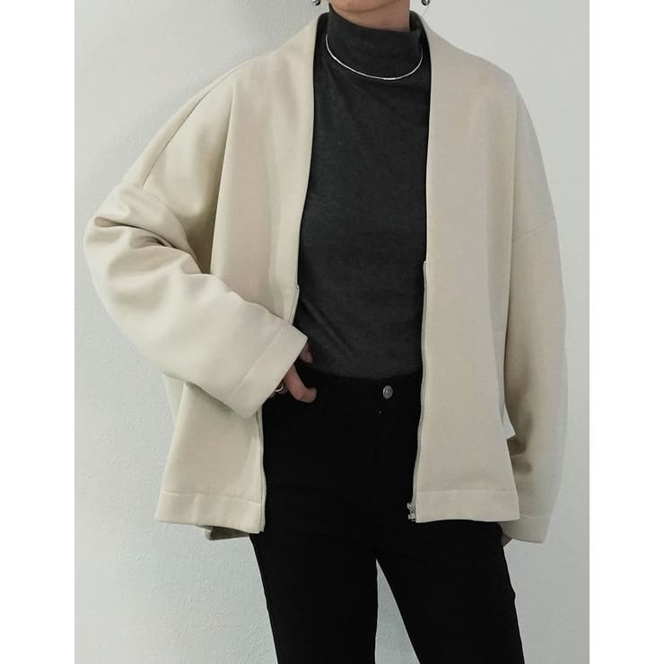 Vネックノーカラーコクーンジップジャケット[品番：GS000021148]｜Re