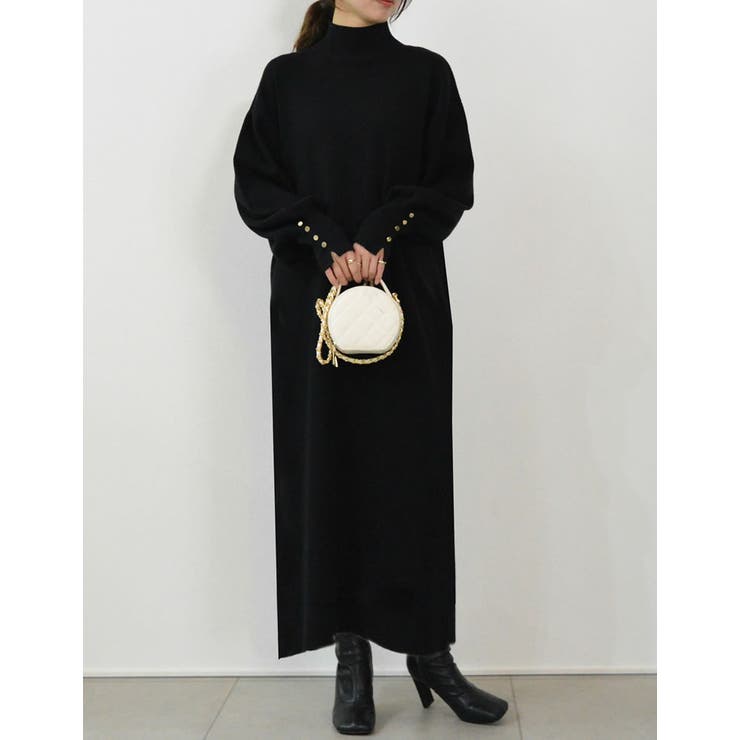 【FINAL SALE！ 45%OFF⇒¥2,748】[低身長向けサイズ有]袖ボタンハイネックロングニットワンピース
