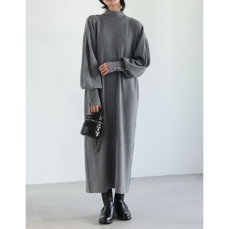 低身長向けサイズ有]袖ボタンハイネックロングニットワンピース[品番