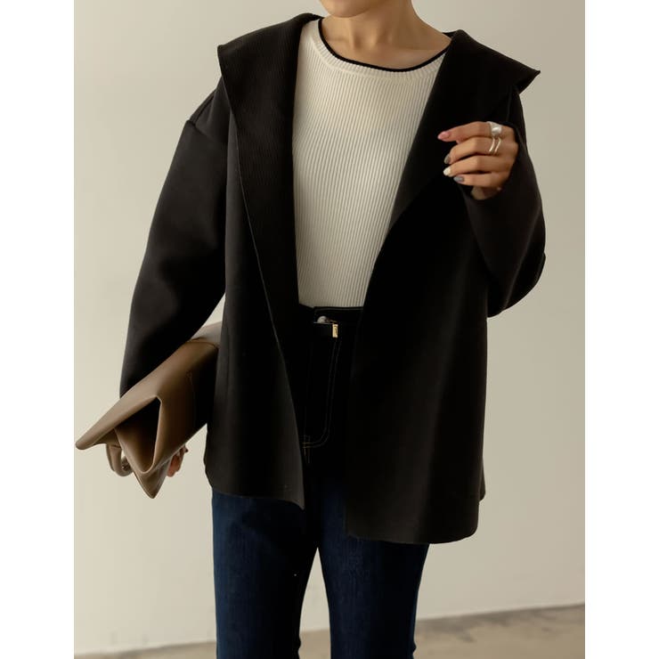 すっきり見せてちゃんと温かいハーフコート フード付きダブルフェイス