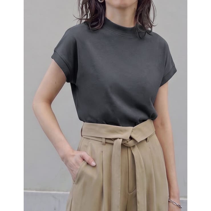 新品タグ付　【UVカット/接触冷感】レースフーディトップス グレーベージュ UVカット][接触冷感][紫外線対策]モックネックフレンチスリーブTシャツ
