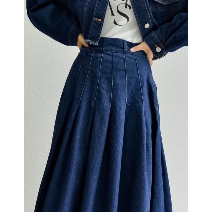 低身長/高身長サイズ有]リサイクルコットンデニムタックフレアプリーツ