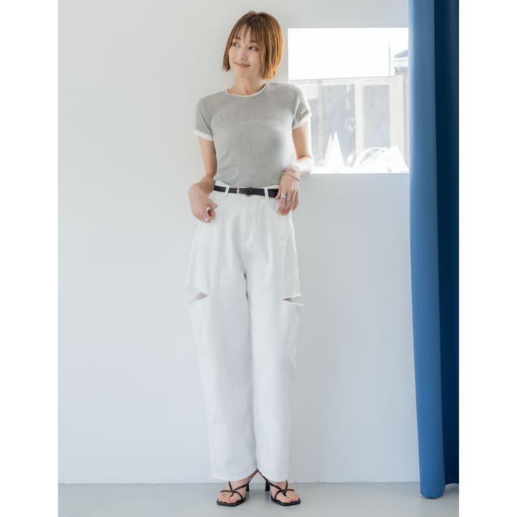 サイドスリットワイドストレートコットンデニムパンツ[品番