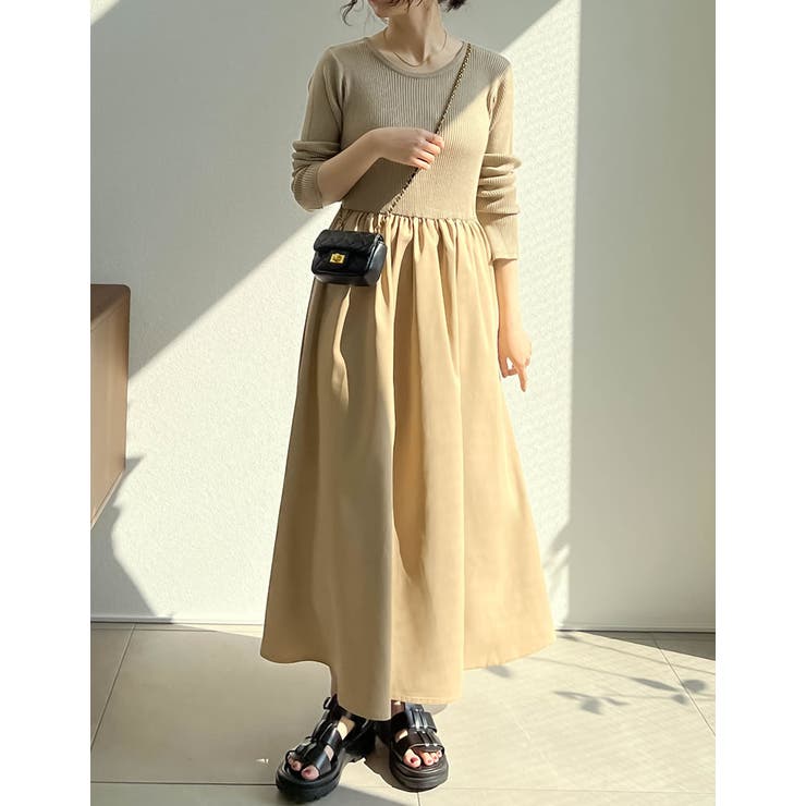 ミミ様 SYSORUS シソラス リブニット ドッキングワンピース 切り替え S-LL】リブニットドッキングワンピース（マキシ・ロング