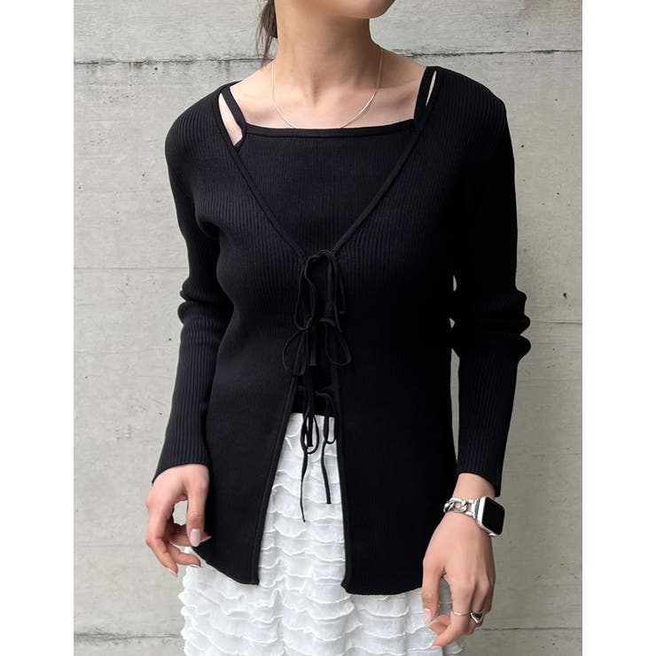 ブラック(001) | [2点セット]リボンカーディガン×アメスリキャミソールセット | Re:EDIT