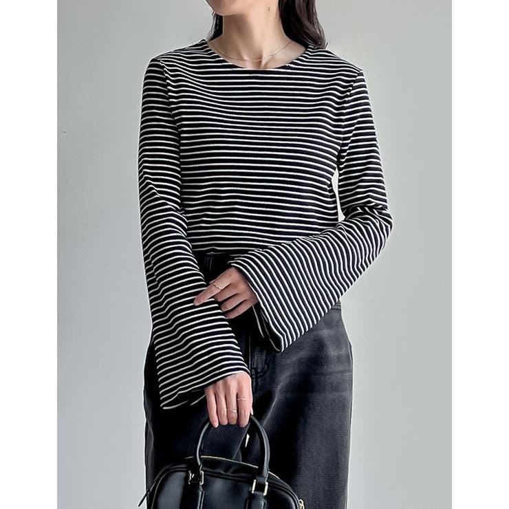 ブラックホワイト(027) | [新色追加][累計販売枚数1 9万枚突破]クルーネックフレアスリーブリブカットソ… | Re:EDIT