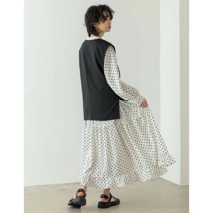 低身長/高身長サイズ有]バンドカラードット柄ティアードワンピース