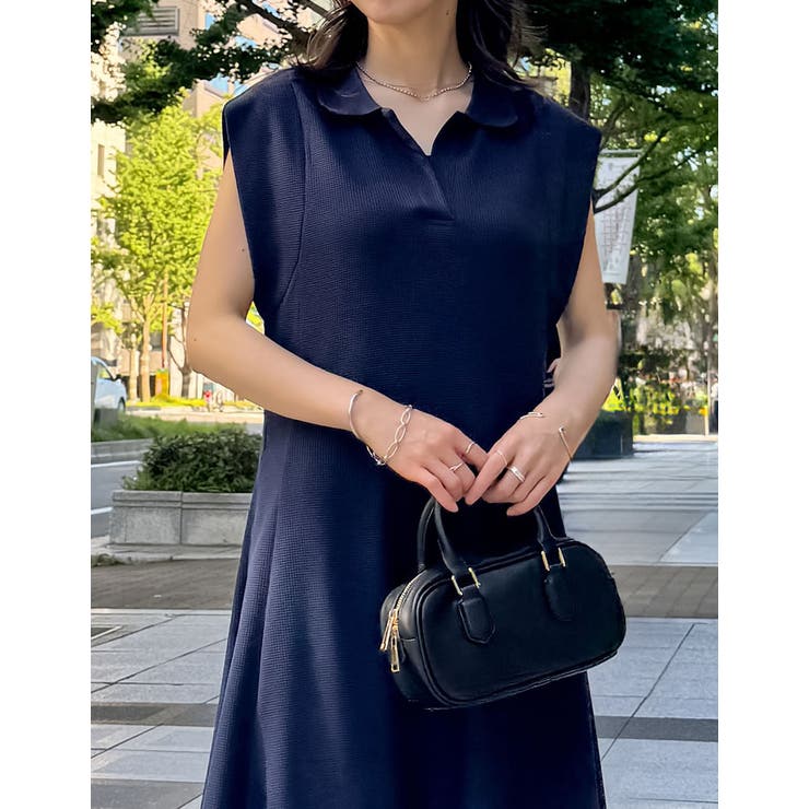 低身長/高身長サイズ有]キーネックフレンチスリーブポロワンピース