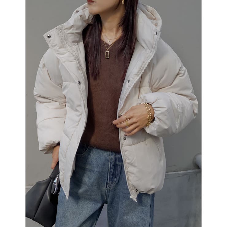 アイボリー(003) | [低身長サイズ有]フード付きスタンドカラーフェイクダウン中綿ジャケット | Re:EDIT