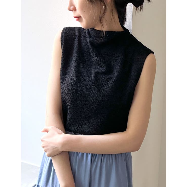 カットジャガードプチハイネックノースリーブトップス[品番