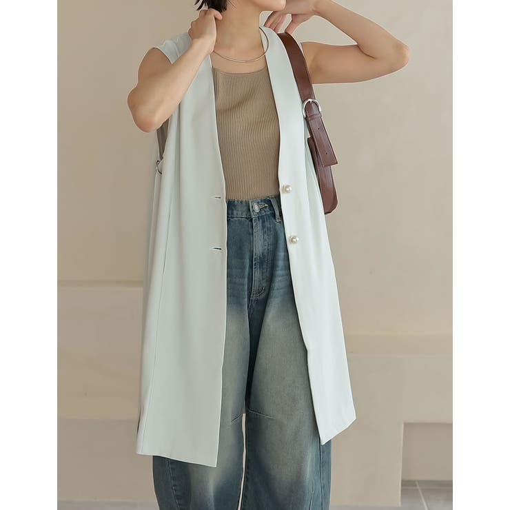 [低身長サイズ有]パールボタンサイドベルトノーカラージレベスト | Re:EDIT | 詳細画像2 