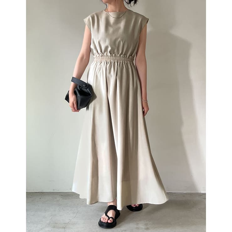 リネンライクバックリボンウエストギャザーフレアワンピース[品番