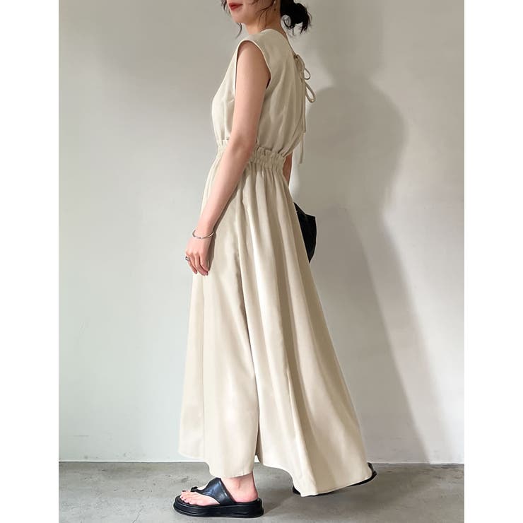 リネンライクバックリボンウエストギャザーフレアワンピース[品番