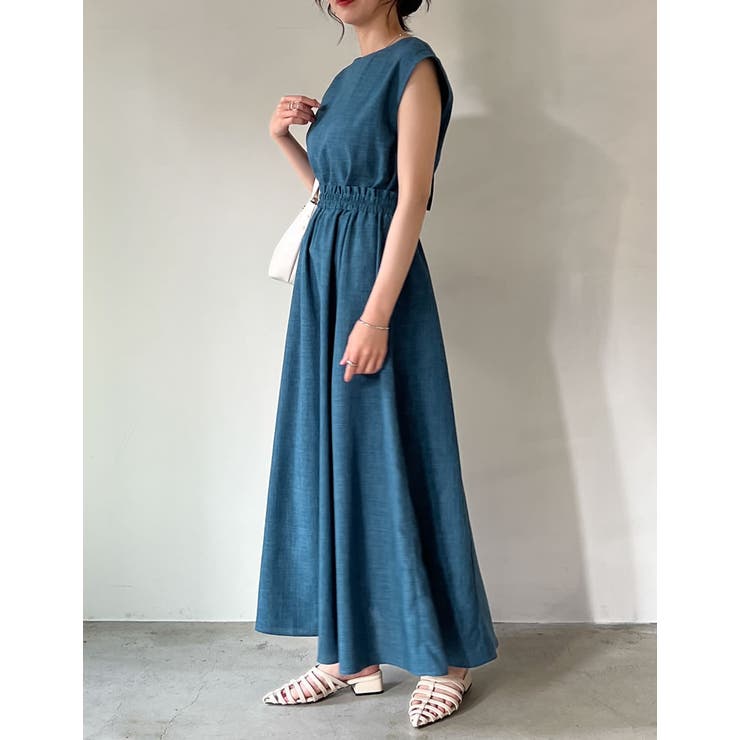 リネンライクバックリボンウエストギャザーフレアワンピース[品番