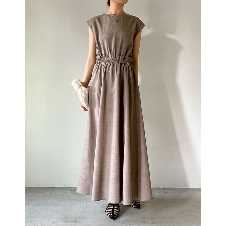 リネンライクバックリボンウエストギャザーフレアワンピース[品番