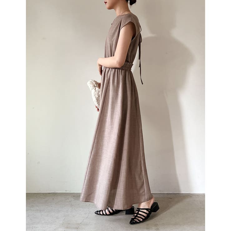 リネンライクバックリボンウエストギャザーフレアワンピース[品番